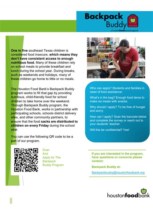 Backpack Buddy Houston Food Bank Flyer